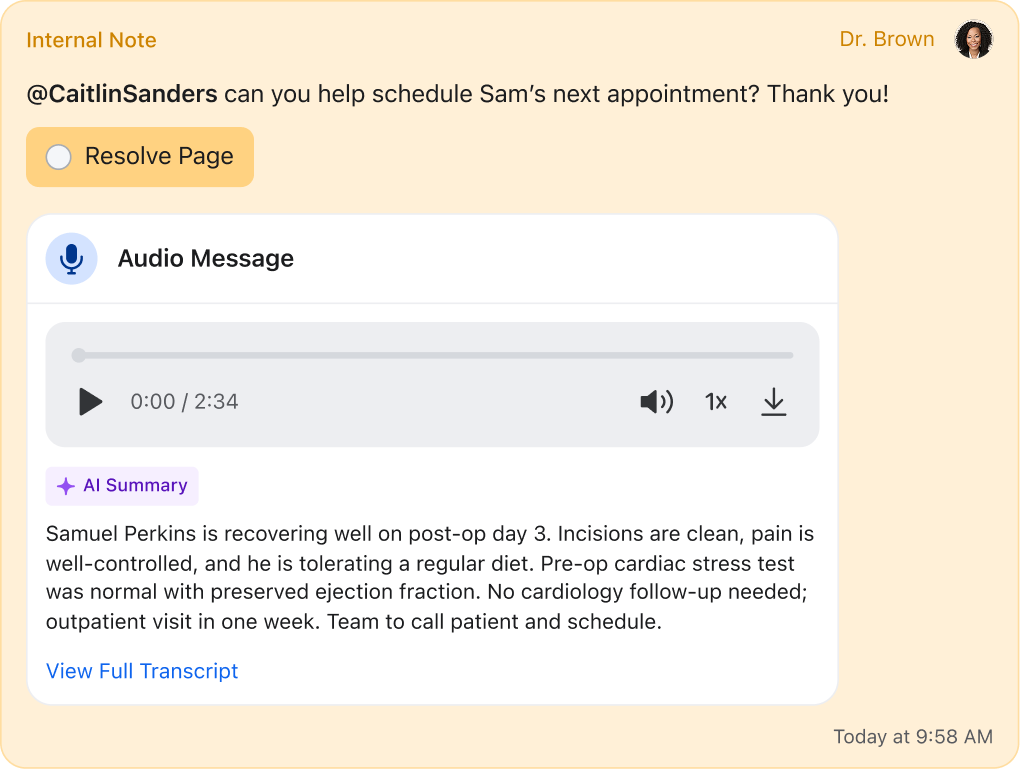 AI Summary of an audio note posted as an internal note in a Spruce patient conversation