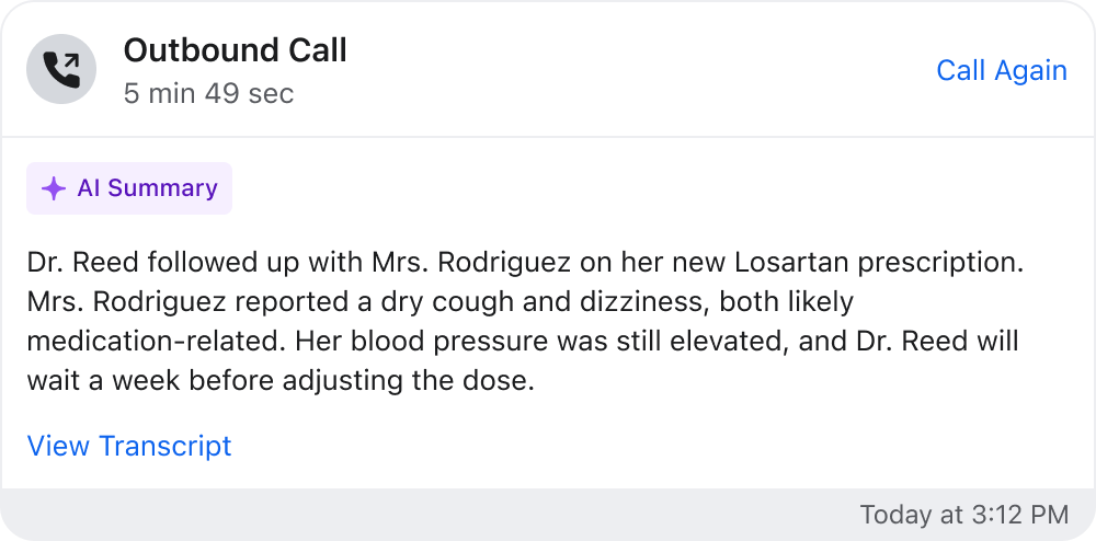 AI Summary of a recorded call with a patient in the Spruce inbox