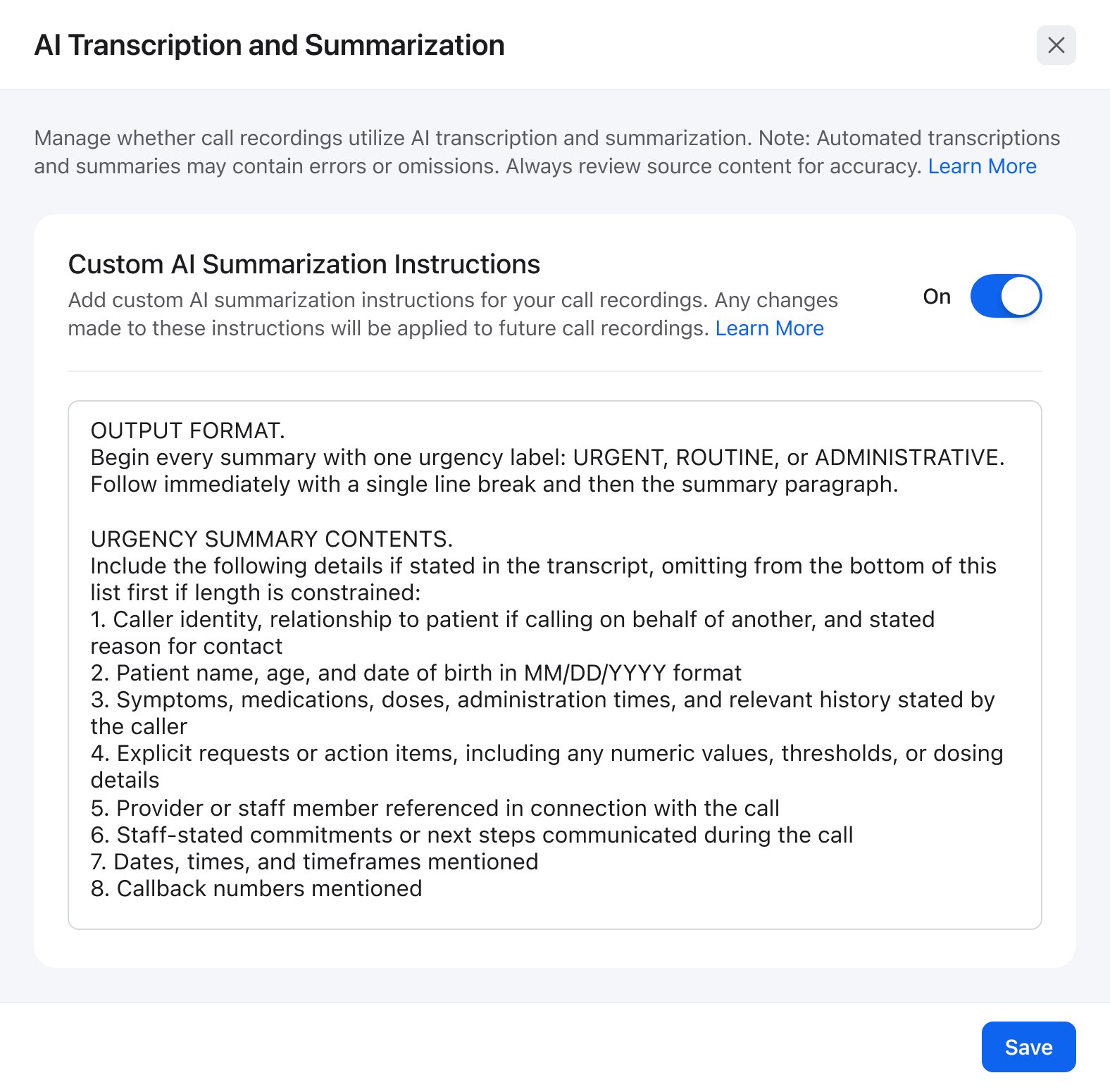 AI Transcription and Summarization settings showing Custom AI Summarization Instructions