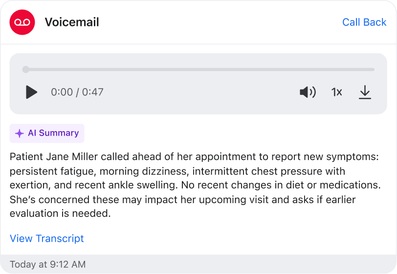 AI Summary of a voicemail shown in a Spruce patient conversation